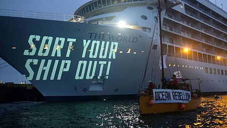 A group of 40 protesters took to the sea with banners and flags to protest The World cruise ship.