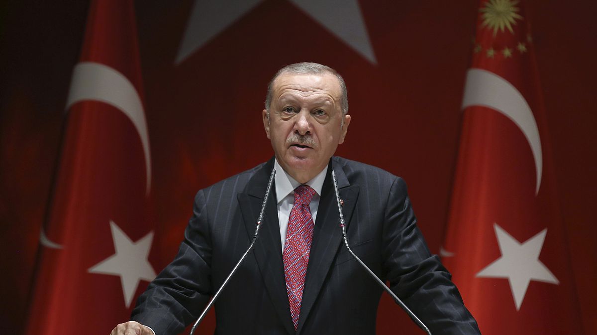 الرئيس التركي رجب طيب أردوغان يلقي أمام أعضاء في حزب العدالة والتنمية الحاكم، 13 آب/أغسطس 2020.