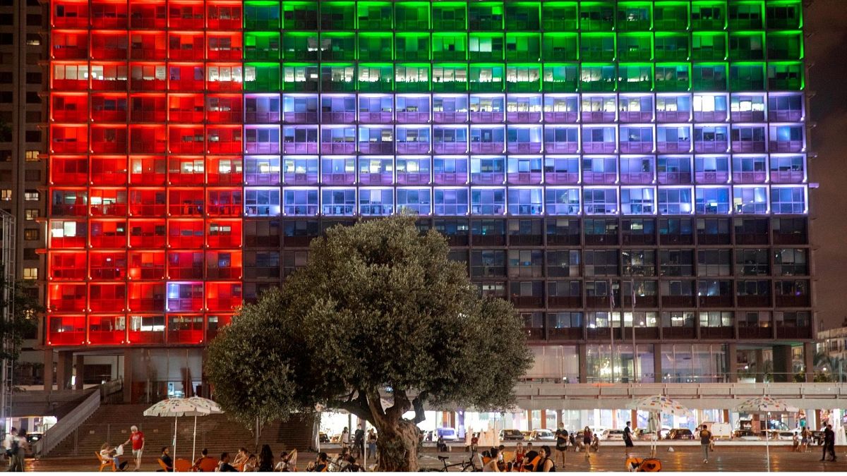 Tel Aviv City Hall is lit up with the flags of the United Arab Emirates 