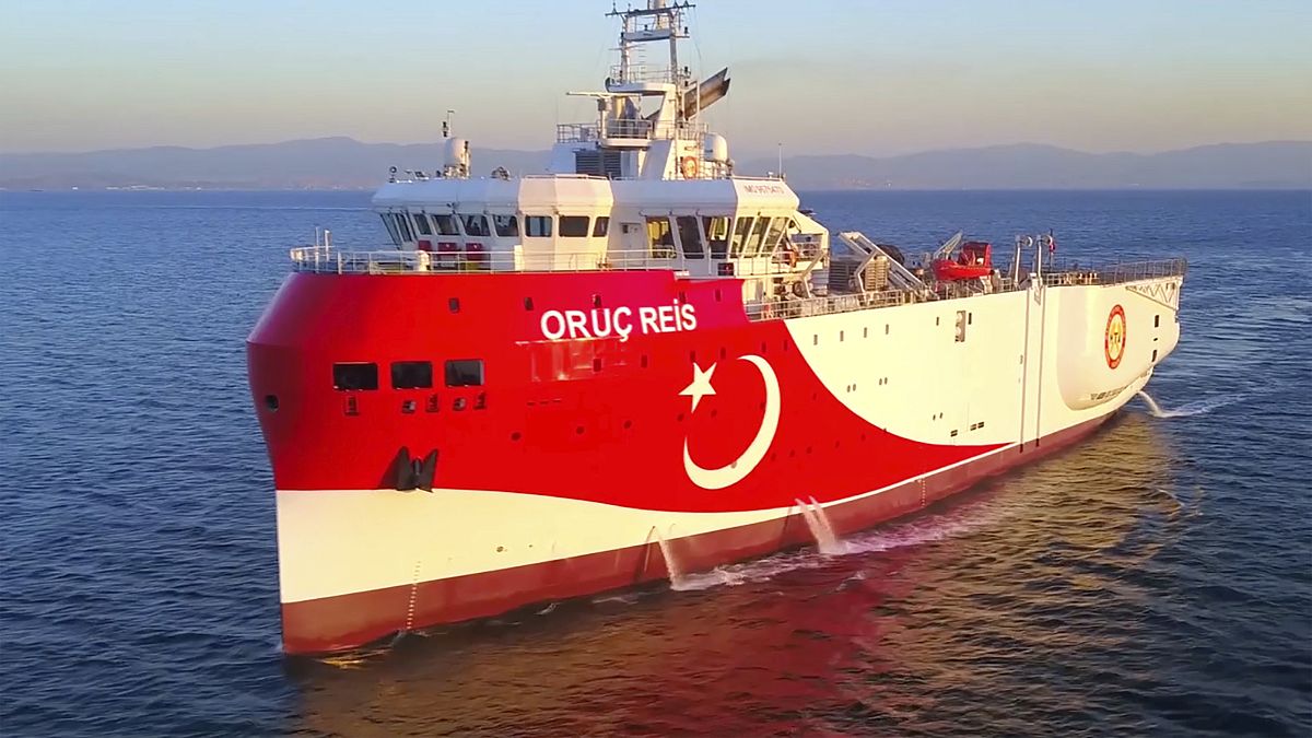 In this photo made from a video provided by the Turkish Energy Ministry on Wednesday, Aug. 12, 2020, Turkey's research vessel, Oruc Reis, in the Mediterranean.