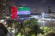 Tel Aviv City Hall is lit up with the flags of the United Arab Emirates after Prime Minister Benjamin Netanyahu announced the "full and official peace" on TV