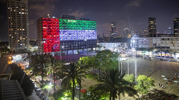 Tel Aviv City Hall is lit up with the flags of the United Arab Emirates after Prime Minister Benjamin Netanyahu announced the "full and official peace" on TV Tel Aviv City Hall is lit up with the flags of the United Arab Emirates after Prime Minister Benjamin Netanyahu announced the "full and official peace" on TV