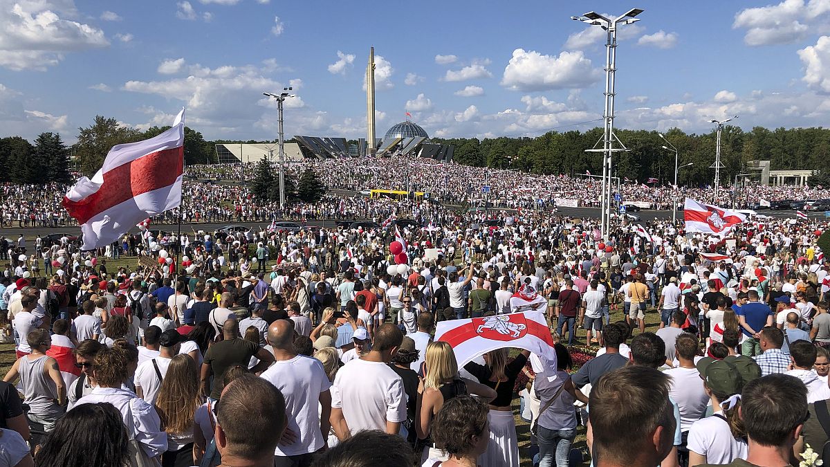Belarusian opposition supporters rally in the centre of Minsk, Belarus, Sunday, Aug. 16, 2020.