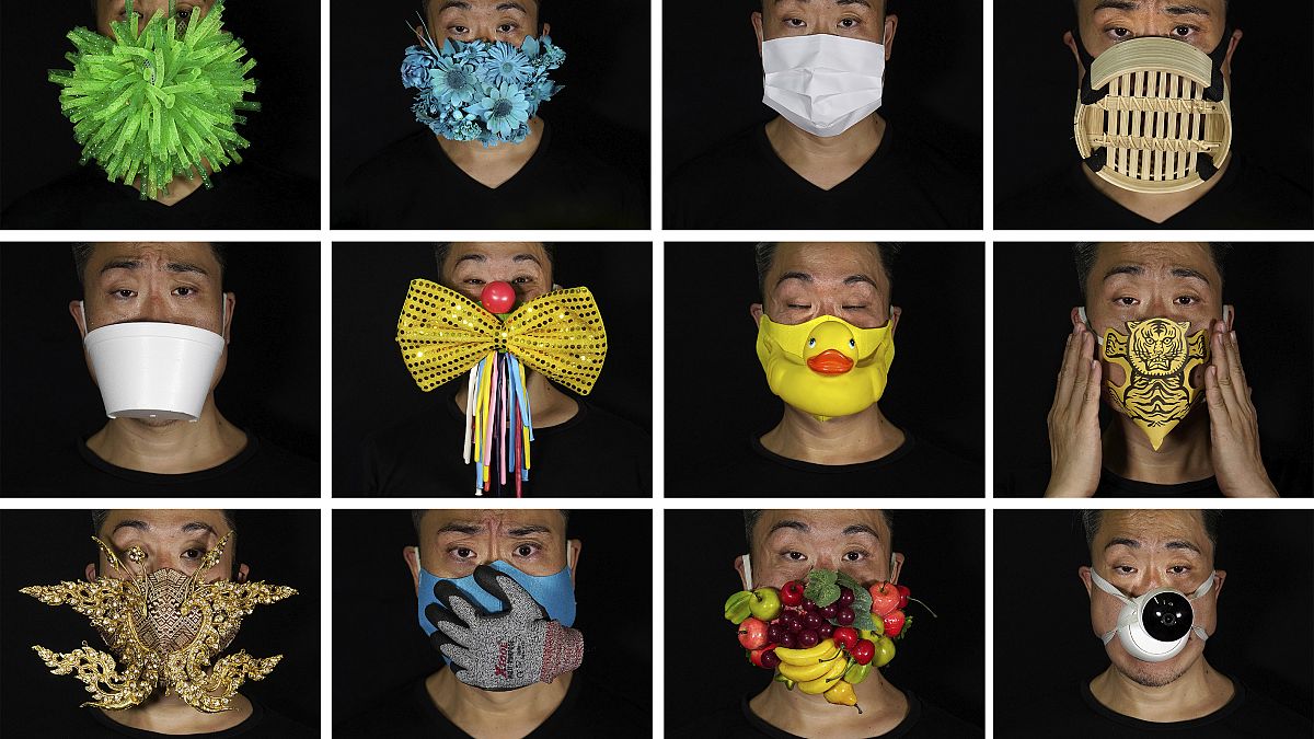 Edmond Kok, a Hong Kong theater costume designer, wearing a variety of face masks he made to protect against the coronavirus.