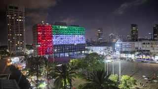 FILE - In this Thursday, Aug. 13, 2020 file photo, the Tel Aviv City Hall is lit up with the flag of the UAE after a deal with Israel to establish diplomatic ties.