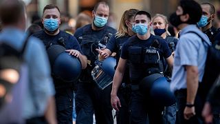 German police officers wear face mask in Frankfurt, Germany, on July 22, 2020. 