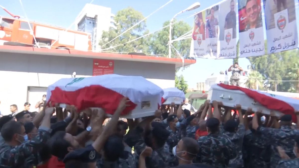 A funeral was held for three Lebanese firefighters who died in the explosion in Beirut