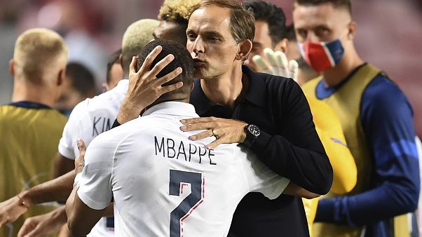 Thomas Tuchel et Kylian Mbappé, le 12 août après la qualification du PSG contre Bergame, à Lisbonne, Portugal Thomas Tuchel et Kylian Mbappé, le 12 août après la qualification du PSG contre Bergame, à Lisbonne, Portugal