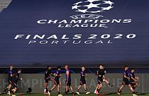 Leipzig players exercise during a training session at the Luz stadium in Lisbon, Monday Aug. 17, 2020