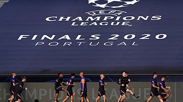Leipzig players exercise during a training session at the Luz stadium in Lisbon, Monday Aug. 17, 2020