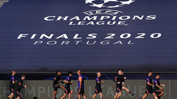 Leipzig players exercise during a training session at the Luz stadium in Lisbon, Monday Aug. 17, 2020 Leipzig players exercise during a training session at the Luz stadium in Lisbon, Monday Aug. 17, 2020