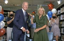 In this image from video, Democratic presidential candidate former Vice President Joe Biden, his wife Jill Biden, celebrate after the roll call vote at the DNC. 