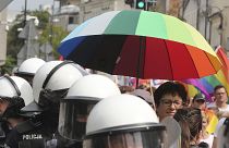 Police escort LGBT activists and their supporters during the first-ever pride parade in the central city of Plock, Poland, on Saturday Aug. 10, 2019. 