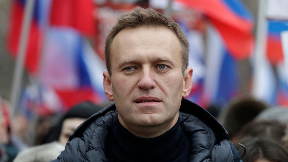 FILE - In this Sunday, Feb. 24, 2019 file photo, Russian opposition activist Alexei Navalny takes part in a march in memory of opposition leader Boris Nemtsov in Moscow.