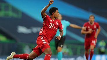 Bayern Munich's German midfielder Serge Gnabry celebrates after scoring a goal during the UEFA Champions League semi-final football match.