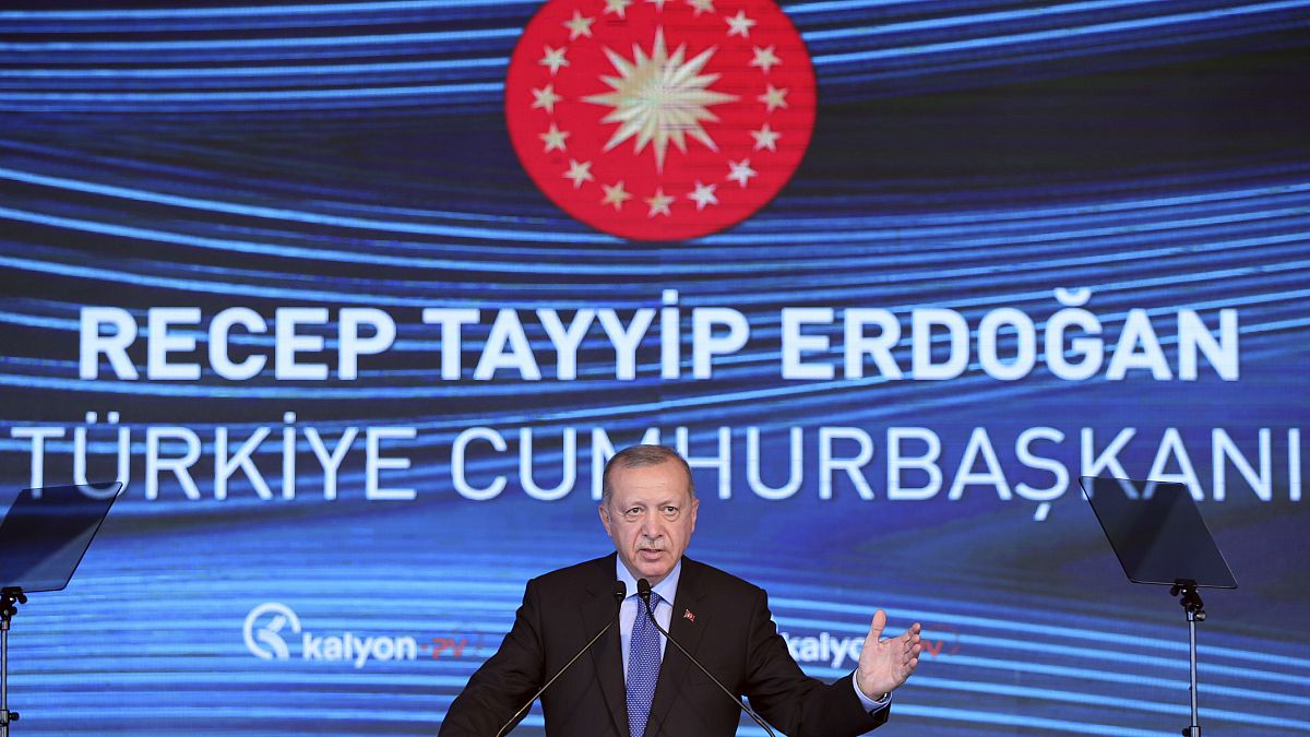 Turkey's President Recep Tayyip Erdogan speaks during the inauguration of a solar technologies plant, outside Ankara, Turkey, Wednesday, Aug. 19, 2020
