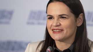 Sviatlana Tsikhanouskaya former candidate for the Belarus' presidential elections speaks during a news conference in Vilnius, Lithuania, Aug. 21, 2020.