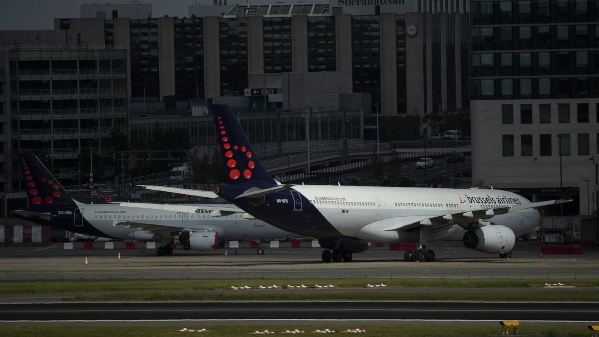 Planes from Brussels Airlines sit idle on the tarmac at Brussels Airport at the height of the coronavirus pandemic.