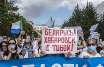 من مظاهرة معارضة في خاباروفسك الروسية تأييداً للمعارضة في بيلاروس 