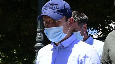 Harry Maguire pictured leaving a court building on the Aegean island of Syros on Saturday.