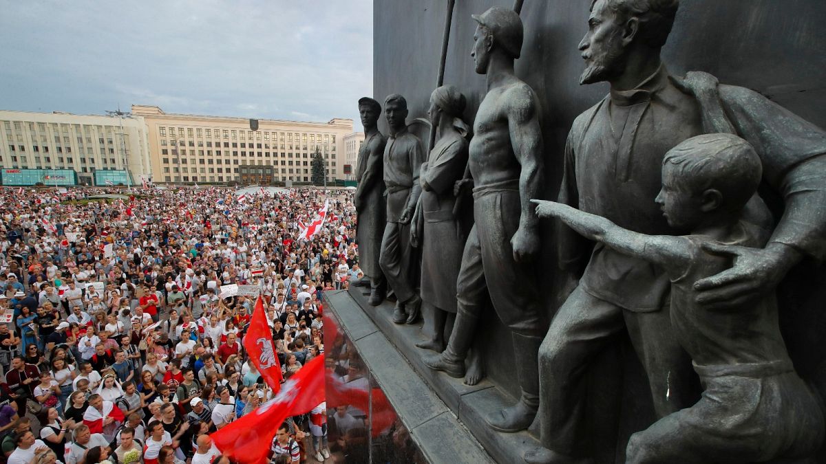 Aug. 18, 2020 - Belarusian opposition supporters gather for a protest rally in front of the government building at Independence Square in Minsk