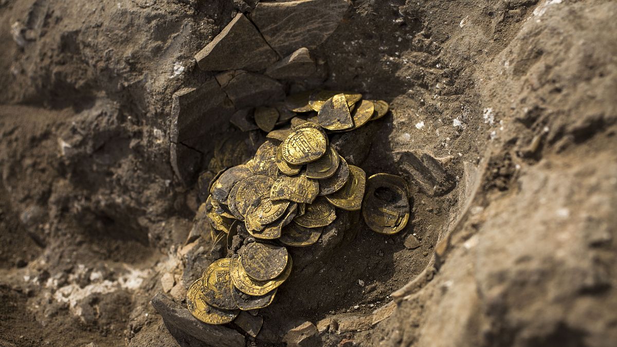 A hoard of gold coins discovered at an archeological site in central Israel.