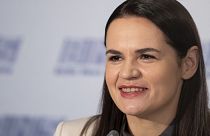 Sviatlana Tsikhanouskaya, former candidate for the Belarus' presidential elections speaks during a news conference in Vilnius, Lithuania.