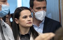 Sviatlana Tsikhanouskaya, former candidate for the Belarus' presidential elections arrives for a news conference in Vilnius, Lithuania.