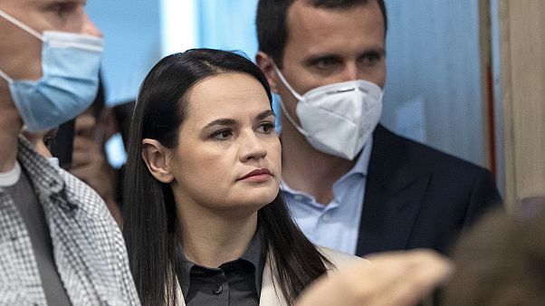 Sviatlana Tsikhanouskaya, former candidate for the Belarus' presidential elections arrives for a news conference in Vilnius, Lithuania. Sviatlana Tsikhanouskaya, former candidate for the Belarus' presidential elections arrives for a news conference in Vilnius, Lithuania.