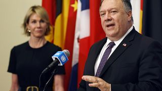 El Secretario de Estado Mike Pompeo en una rueda de prensa después de una reunión con los miembros del Consejo de Seguridad de las Naciones Unidas, el 20 de agosto de 2020.