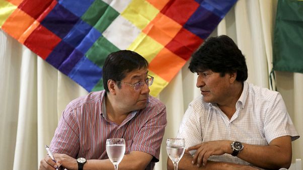Luis Arce, candidat du MAS pour les élections générales boliviennes et Evo Morales, le 17 février 2020, à Buenos Aires, Argentine Luis Arce, candidat du MAS pour les élections générales boliviennes et Evo Morales, le 17 février 2020, à Buenos Aires, Argentine