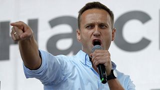 Russian opposition activist Alexei Navalny gestures while speaking to a crowd during a political protest in Moscow.