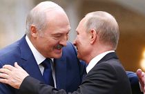 Putin, right, and Lukashenko during the opening of a monument in their honour in the Russian village of Khoroshevo, June 30, 2020