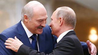 Putin, right, and Lukashenko during the opening of a monument in their honour in the Russian village of Khoroshevo, June 30, 2020