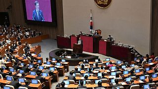 South Korea's President Moon Jae-in delivers a speech during the opening ceremony of the 21st National Assembly in Seoul Thursday, July 16, 2020