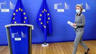 President of the European Commission Ursula von der Leyen, arrives for a media conference at EU headquarters in Brussels, Thursday, Aug. 27, 2020