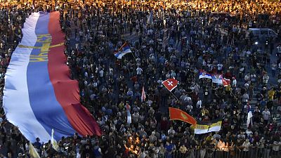 People attend a church-led protest in Podgorica, Montenegro on Sunday, June 14 2020 People attend a church-led protest in Podgorica, Montenegro on Sunday, June 14 2020