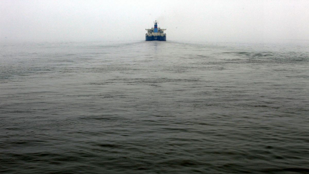 An oil tanker navigates through the bay near Zhoushan Oil Reserve in Zhoushan in Zhejiang Province, China