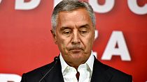 Montenegrin President Milo Djukanovic speaks at his DPS party headquarters in Podgorica, Montenegro, early Monday, August 31