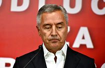 Montenegrin President Milo Djukanovic speaks at his DPS party headquarters in Podgorica, Montenegro, early Monday, August 31
