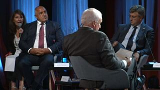 European leaders speak on a panel at an economic forum in Slovenia