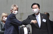 Czech Senate President Milos Vystrcil is greeted by Taiwanese Foreign Minister Joseph Wu at the National Chengchi University.