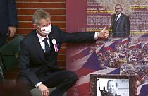 The Czech Senate President Milos Vystrcil gives a thumbs up to former President of the Senate Jaroslav Kubera after he delivered a speech in Taipei.