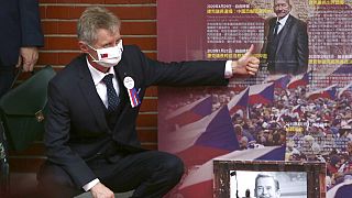 The Czech Senate President Milos Vystrcil gives a thumbs up to former President of the Senate Jaroslav Kubera after he delivered a speech in Taipei.