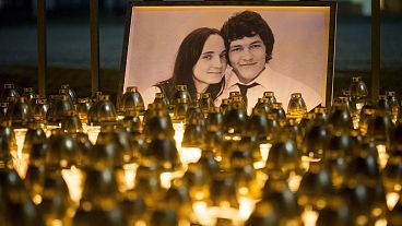 Light tributes are seen during a silent protest in memory of murdered journalist Jan Kuciak and his fiancee Martina Kusnirova in Bratislava, Slovakia.