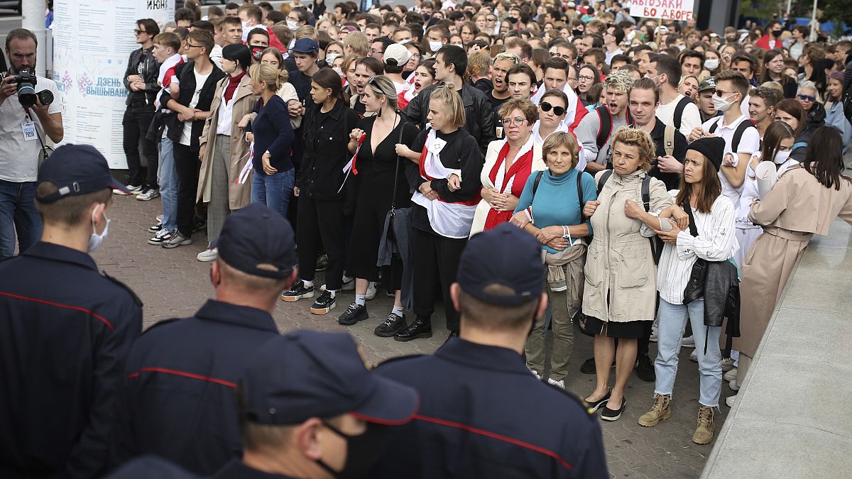 Several hundred students on Tuesday gathered in Minsk and marched through the city center, demanding the resignation of the country's authoritarian leader