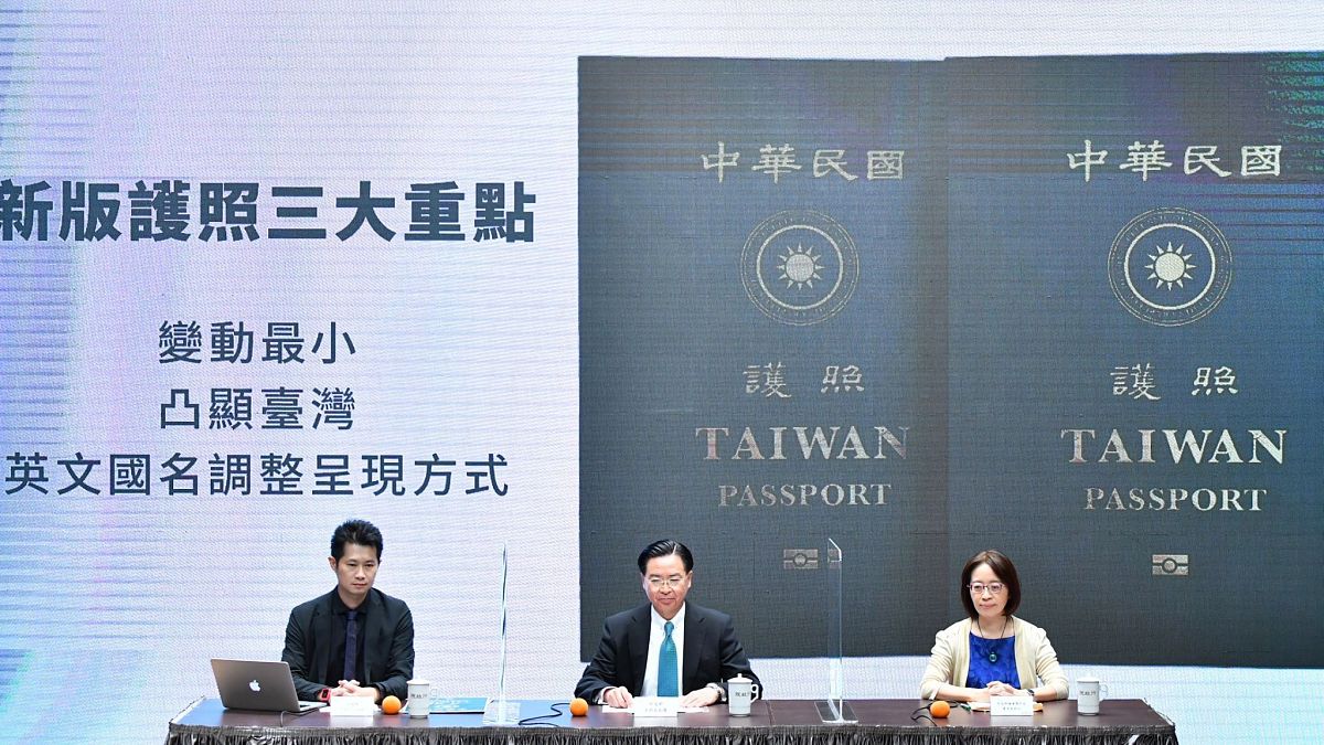 Taiwan's Foreign Minister Joseph Wu, center, at a Sept 2, 2020, news conference to reveal the new Taiwan passport in Taipei, Taiwan.