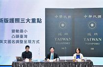 Taiwan's Foreign Minister Joseph Wu, center, at a Sept 2, 2020, news conference to reveal the new Taiwan passport in Taipei, Taiwan.