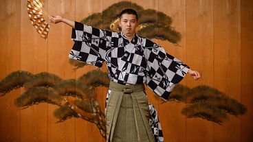 Performer Kennosuke Nakamori taking part in a rehearsal at the Kamakura Noh Theatre