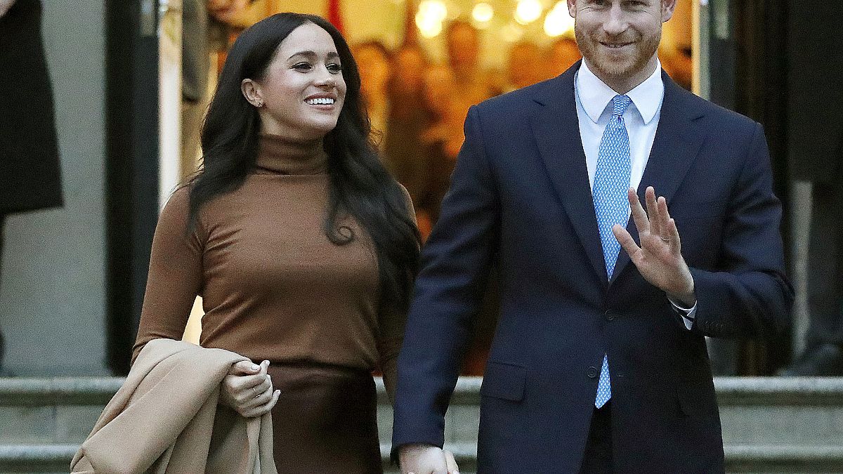 In this Jan. 7, 2020, file photo, Britain's Prince Harry and Meghan, Duchess of Sussex leave Canada House in London. 